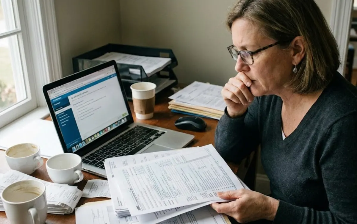 Mujer revisando documentos de impuestos