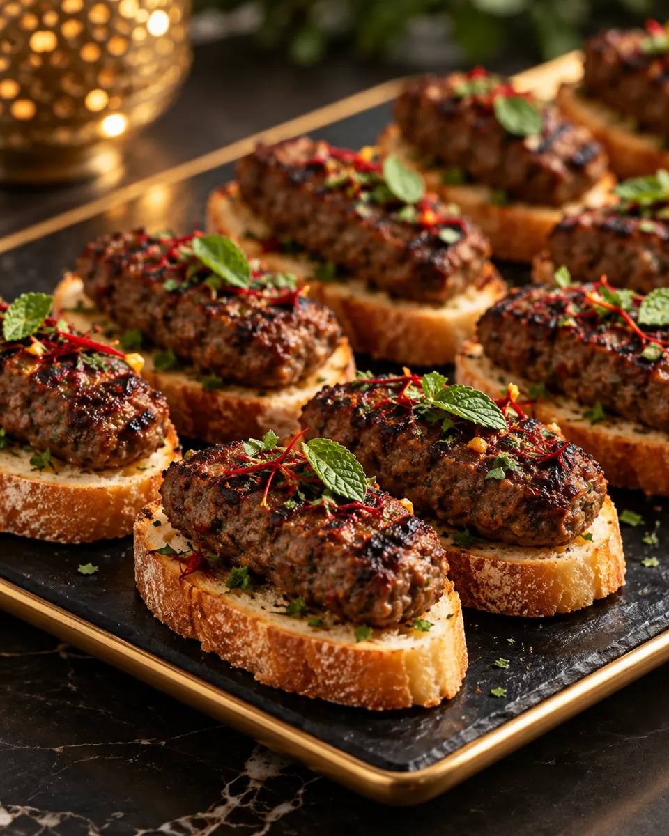 Canapé Kubideh mit gewürztem Lammhackfleisch auf geröstetem Brot.