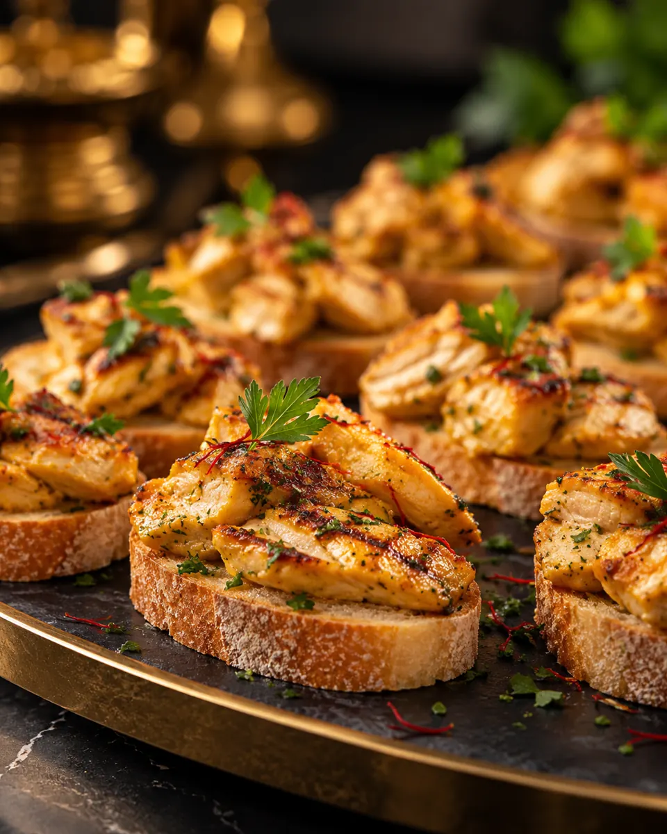 Canapé Djudje mit mariniertem Hähnchenbrustfilet auf geröstetem Brot.