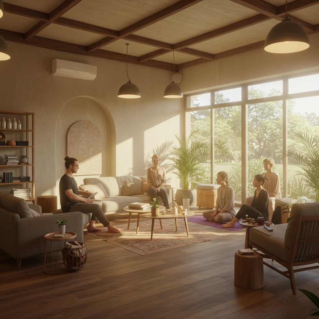 Bright and welcoming wellness center with natural light, indoor plants, and a diverse group of people engaged in supportive therapy and recovery activities, symbolizing mental health and substance use treatment.