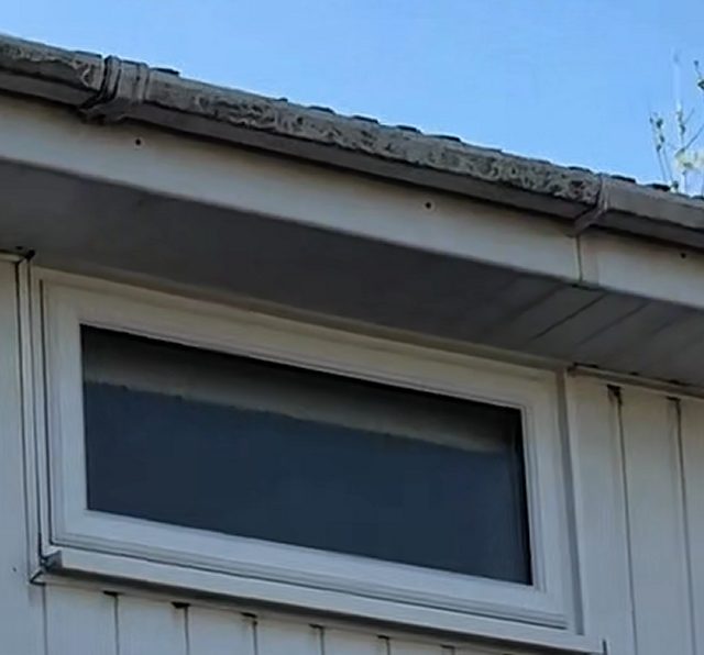 Before: a white uPVC gutter and soffit above a small window, with black streaks along the gutter front