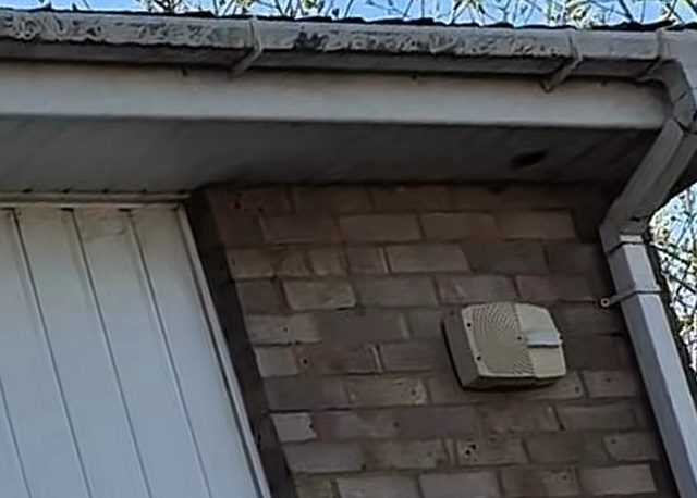 Before: the corner of a white uPVC gutter and downpipe above a brick wall, with black staining along the gutter