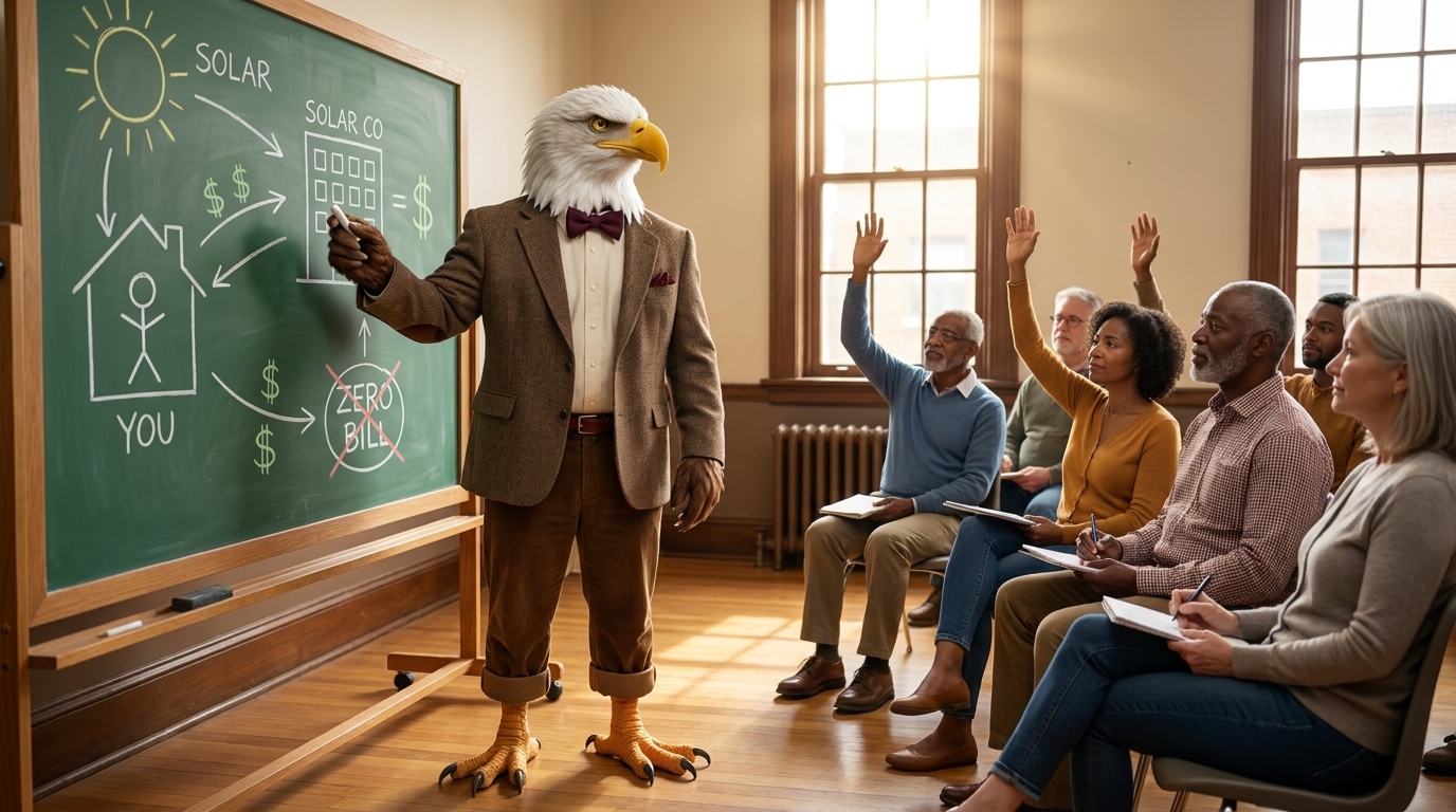 Professor Sal teaching a classroom of mixed-age homeowners about solar contracts, with a chalkboard diagram showing YOU, SOLAR, and SOLAR CO