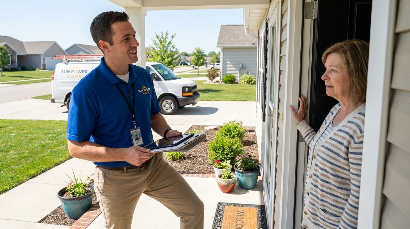 Solar salesman pitching a homeowner at her front door