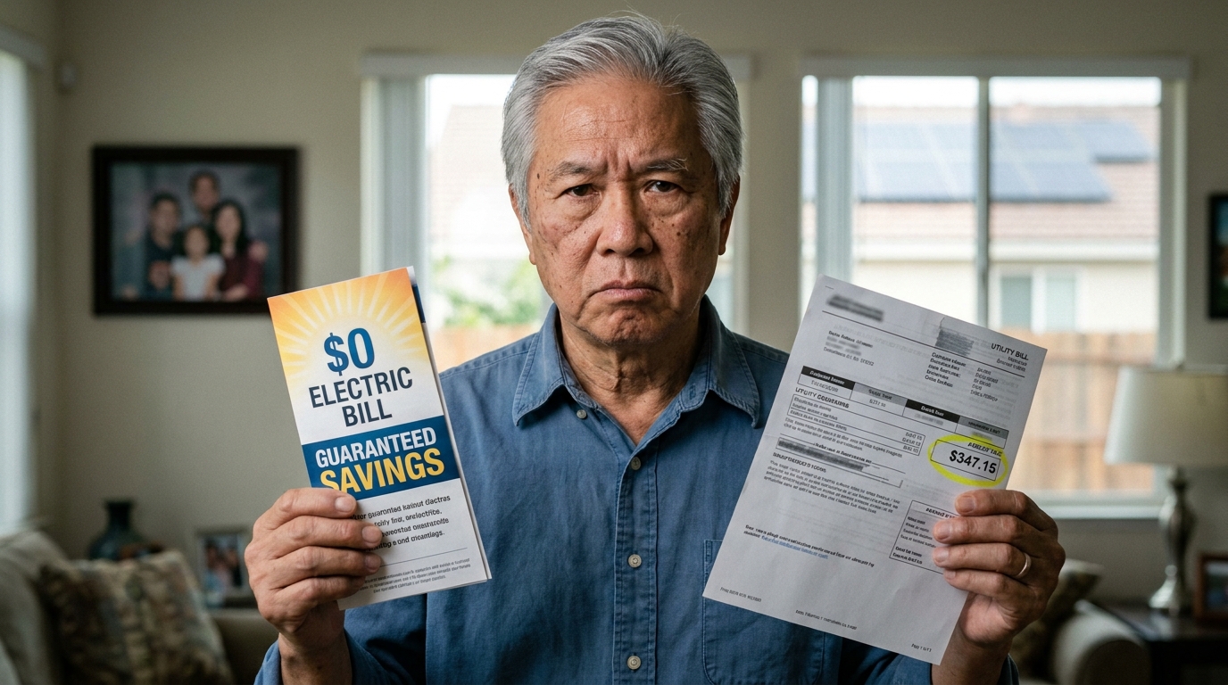 Older homeowner holding a $0 electric bill guarantee flyer in one hand and a real electric bill for $347.15 in the other