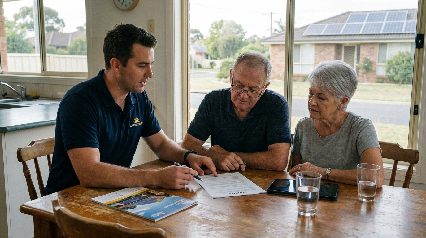 A solar salesman at an older couple's kitchen table pointing to their solar contract while the husband and wife review it with concern