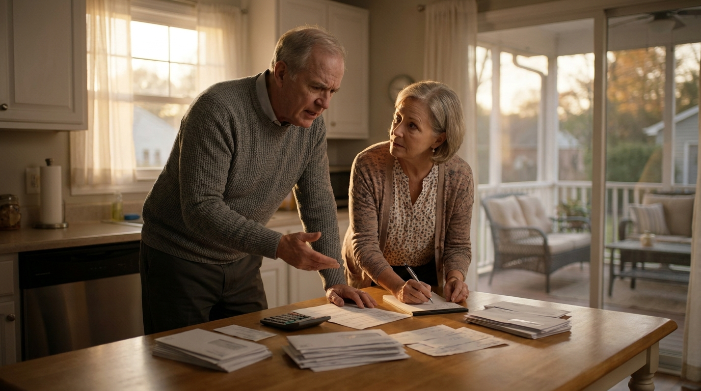 An older couple paying bills at the kitchen table in work clothes while their imagined retirement waits empty on the porch outside, visualizing how unresolved debt steals the retirement years