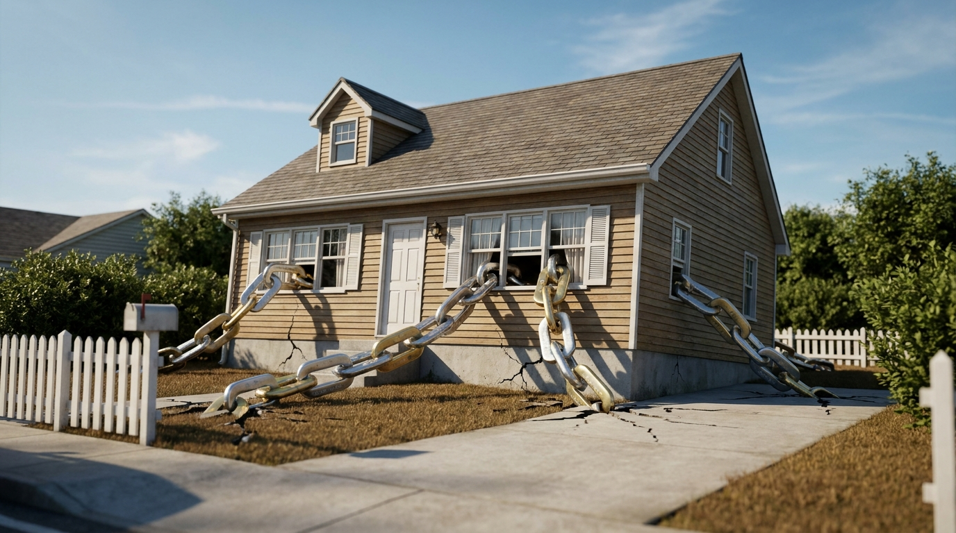 A suburban home being pulled apart at its foundation by chains made of credit cards, visualizing the risk of trading unsecured credit-card debt for secured home debt through a HELOC