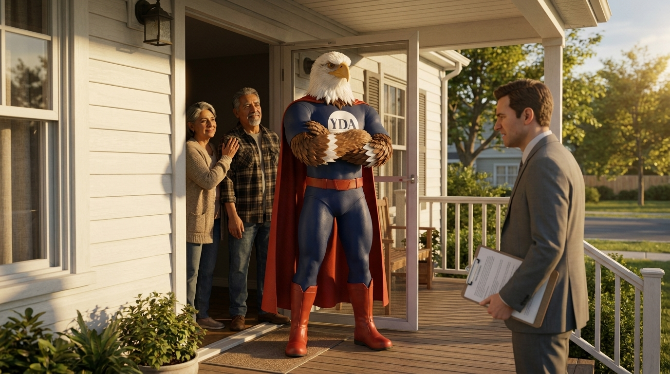 Sal, the Your Debt Advocate mascot, in a confident institutional pose with the YDA emblem visible on his chest