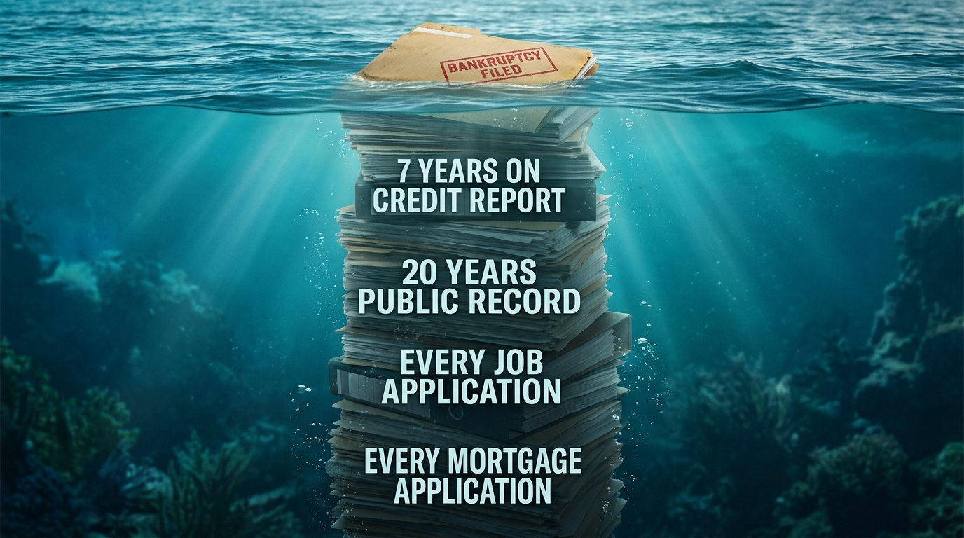An iceberg cross-section showing a small bankruptcy filing above water and years of credit, employment, and mortgage consequences hidden below the surface