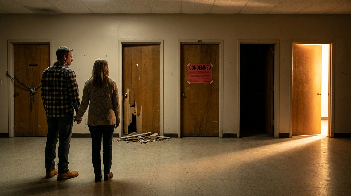 A person facing five doors — four blocked, broken, or dark, and one open to daylight — visualizing the five paths out of consumer debt