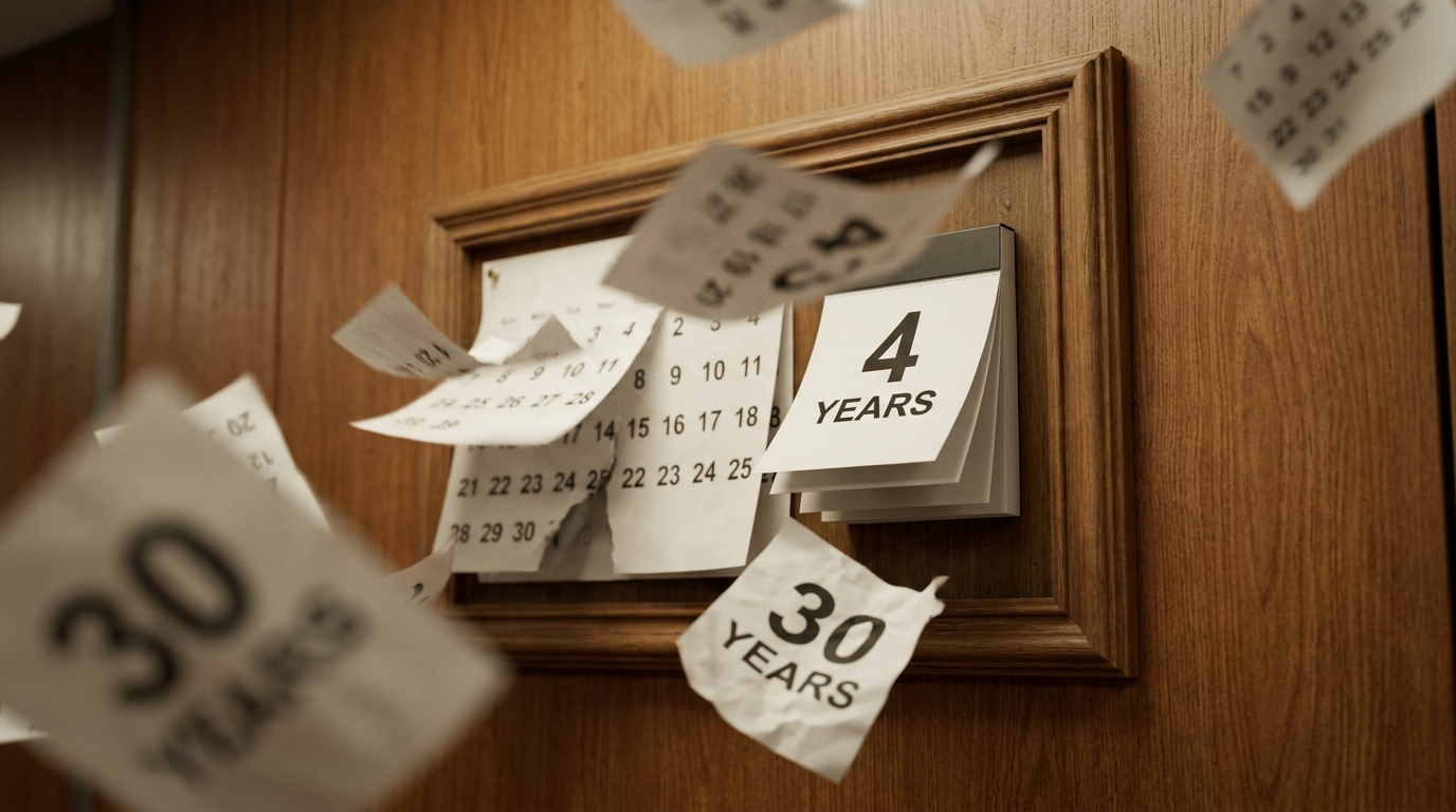 A clock showing thirty years of debt compressing into four years, visualizing how debt forgiveness can shorten the payoff timeline for those who qualify