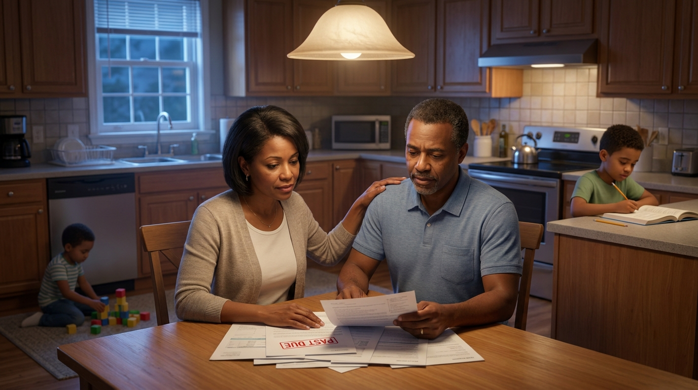 Parents at the kitchen table reviewing past-due bills while their children play and study in the background, visualizing how debt stress quietly affects the whole family