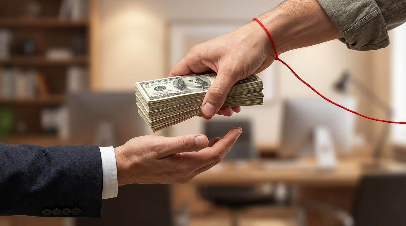 Hands passing money to a third party with a red string tied to the giver's wrist trailing off-frame, visualizing the hidden fair-share kickback in credit counseling