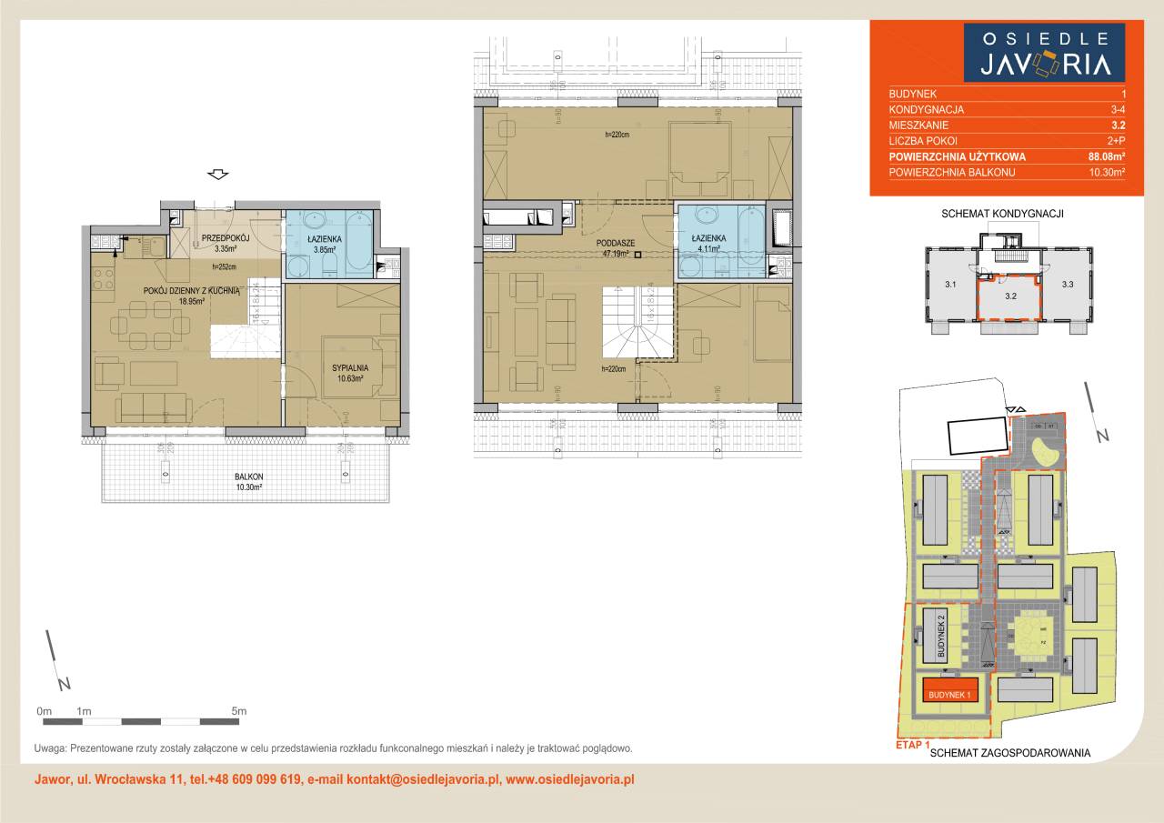 Rzut dwupoziomowego mieszkania 3.2 o powierzchni 88,08 m²