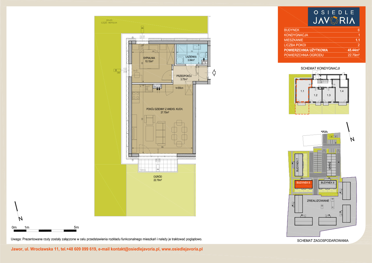 Rzut mieszkania 1.1 o powierzchni 45,44 m² z ogrodem 22,79 m²