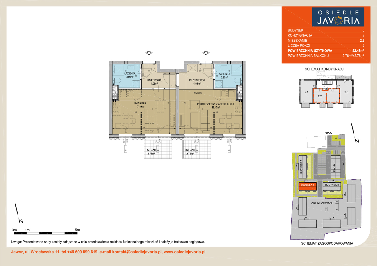 Rzut mieszkania 2.2 o powierzchni 52,48 m² z dwoma balkonami