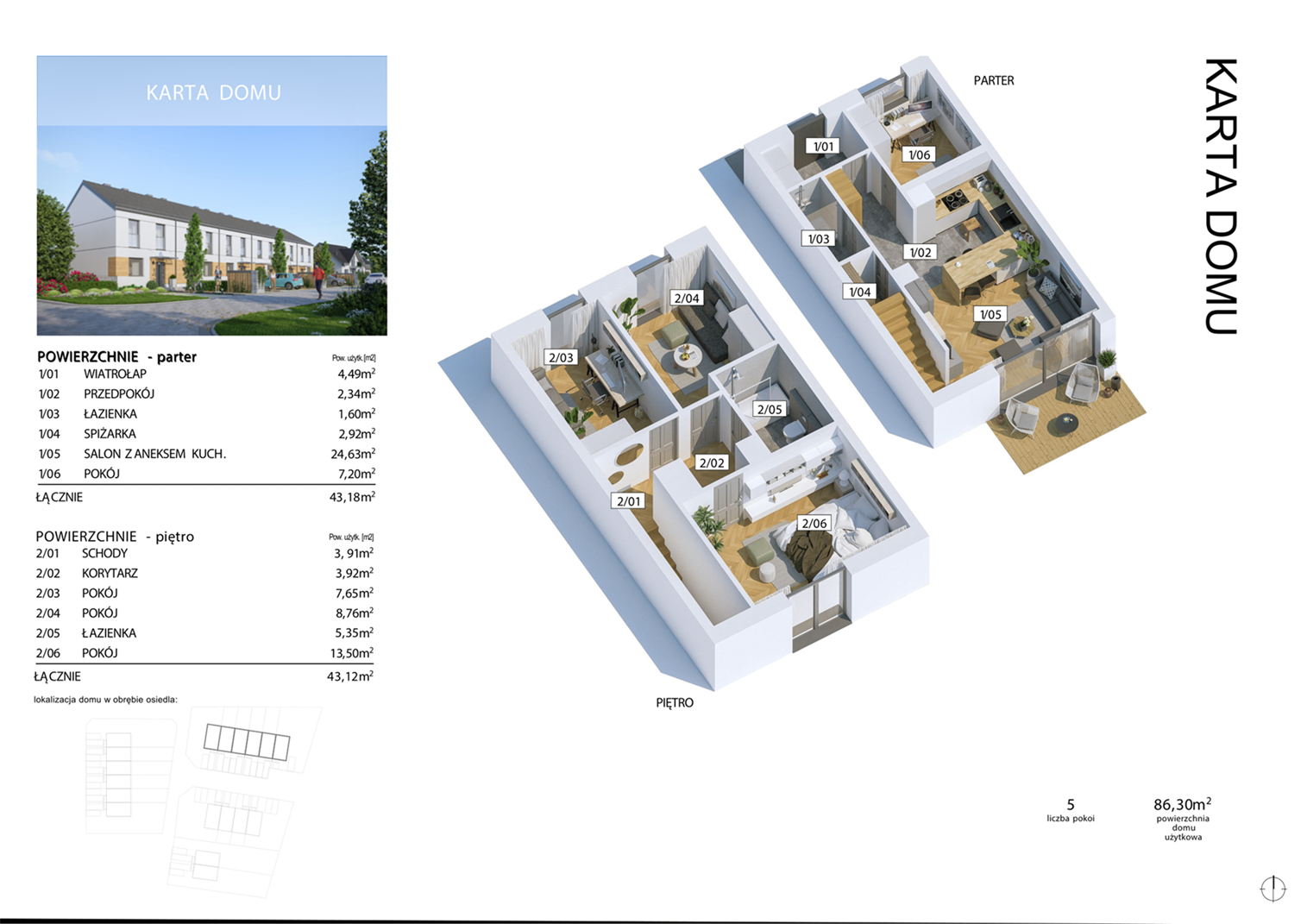 Karta domu 3D lewego lokalu z układem parteru i piętra