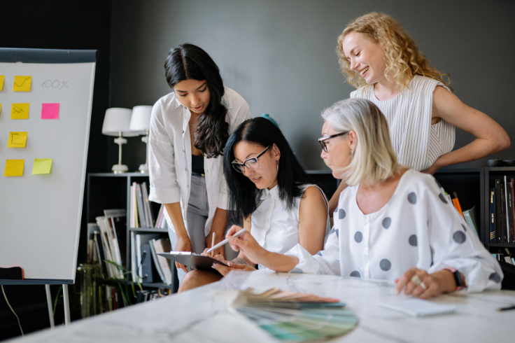 Four people gathered around a table, looking at a tablet. A whiteboard with sticky notes is in the background. Four people gathered around a table, looking at a tablet. A whiteboard with sticky notes is in the background.