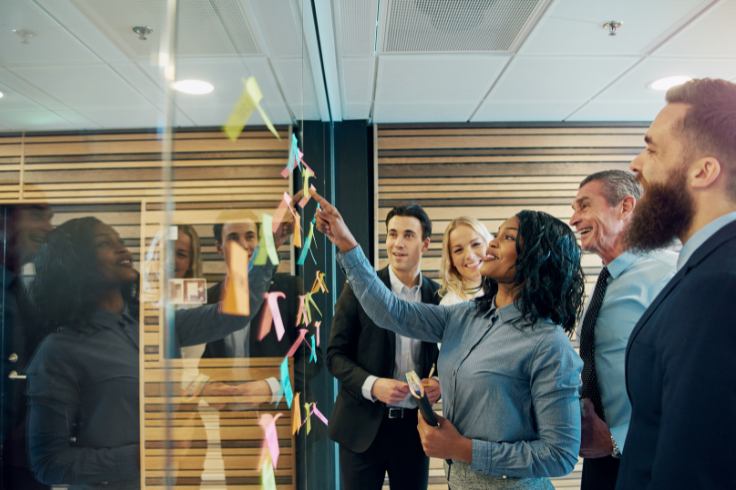 A group of colleagues choosing Retainers, Performance Pricing, or Hybrids on sticky notes