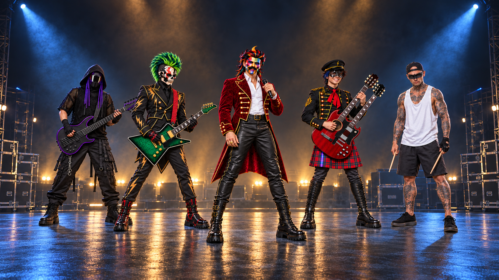 High Voltage Hope’s fictional band characters in a dramatic group portrait