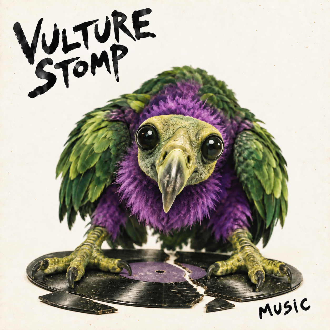 Vulture Stomp Music logo: a green and purple vulture standing on a broken record