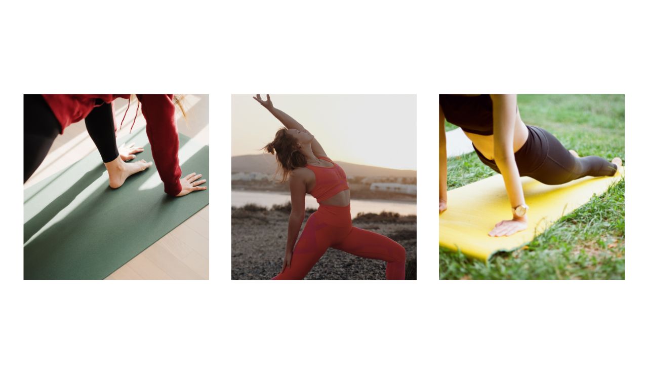 person demonstrating yoga poses - low lunge, reverse warrior, cobra