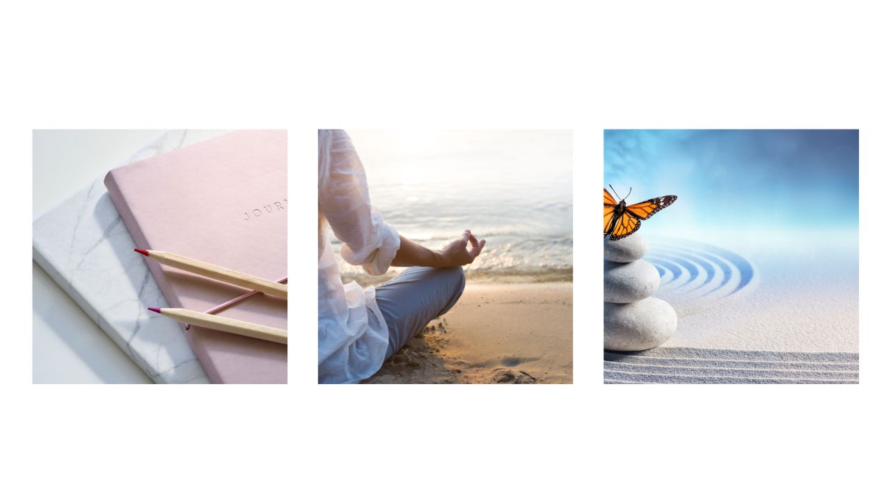 journal with pencils, person sitting in easy seat with gyan mudra, butterfly on rocks in the sand