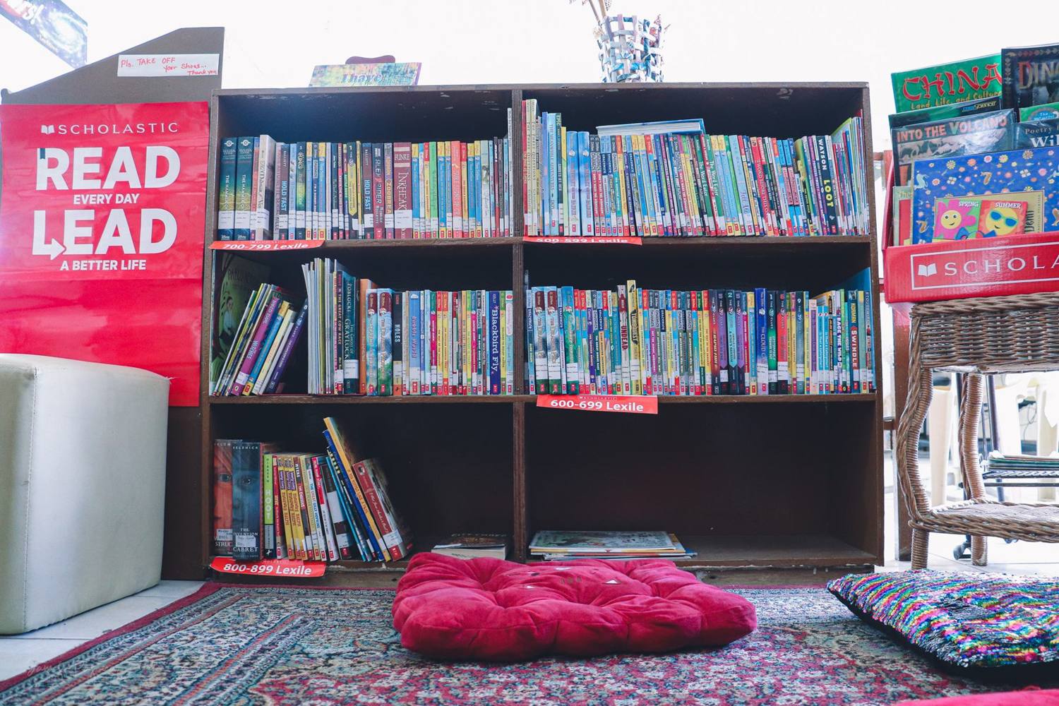 The school library with reading cushions