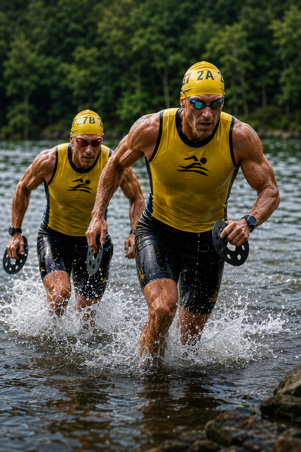Two swimrun athletes exiting the lake in yellow race vests