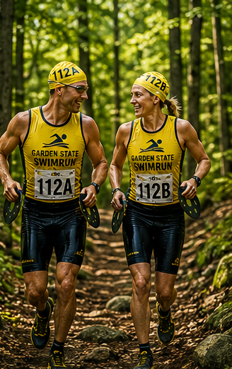 Garden State Swimrun team running together on a NJ trail