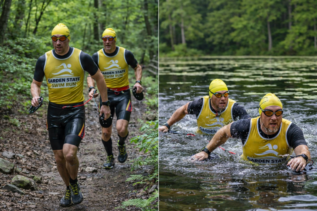 Garden State Swimrun athletes running a trail and swimming across a lake