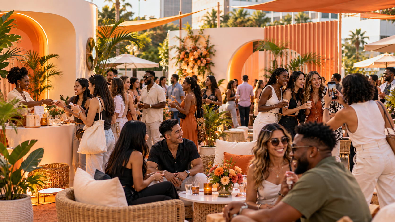 Guests mingling at a warm, orange-toned outdoor brand activation with lounge seating and arches