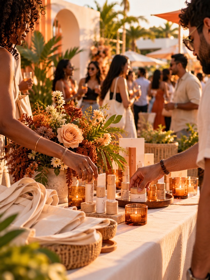 Guests picking up product samples at a welcome table with florals and candles