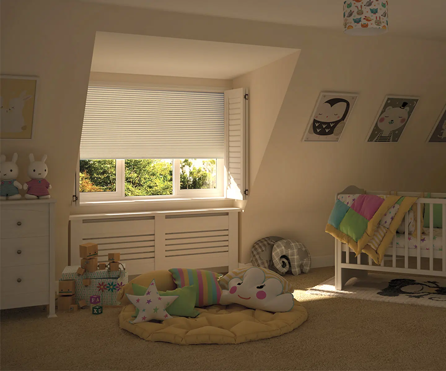 Custom window shades in a bright living room