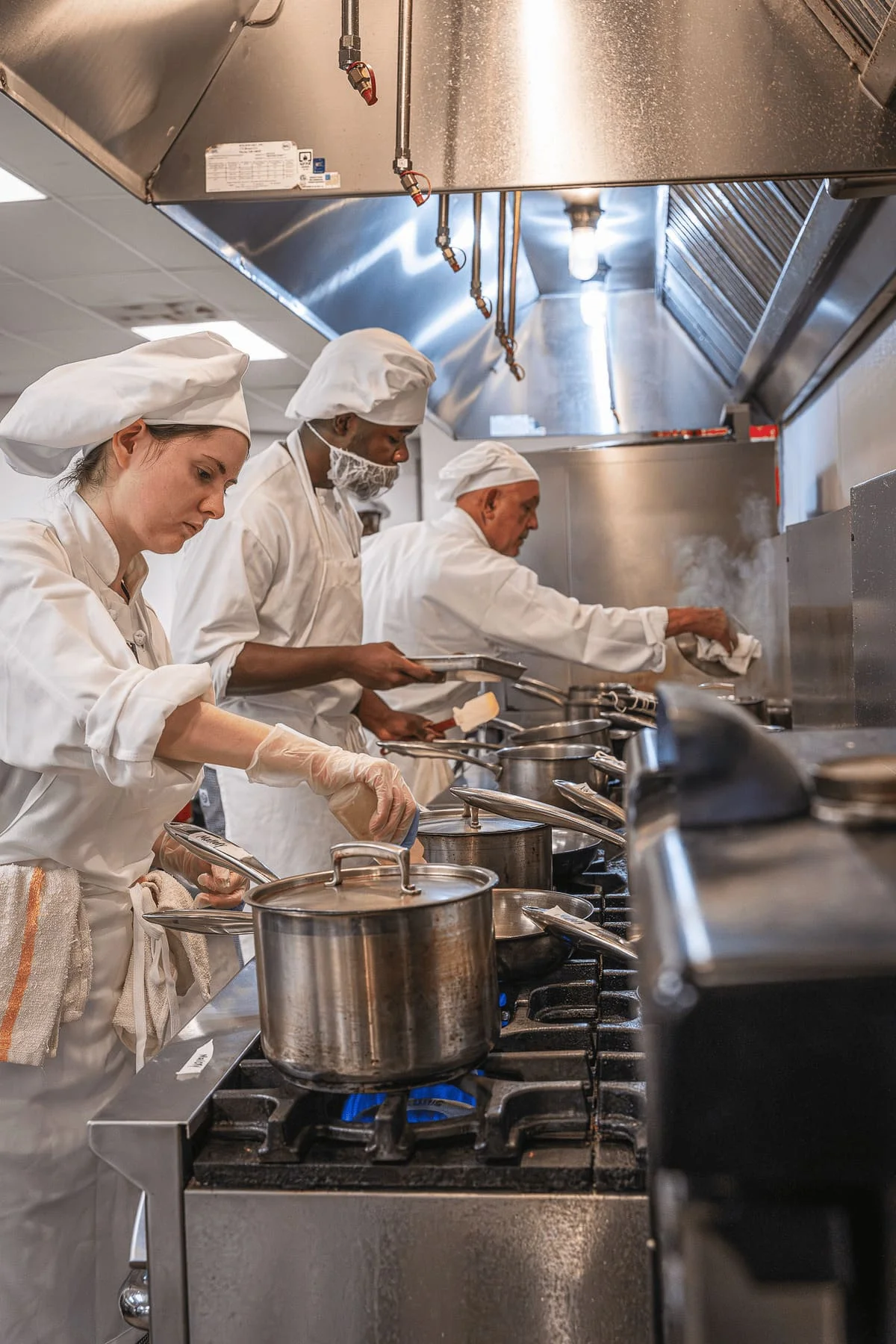 Night class culinary students preparing food in a professional kitchen