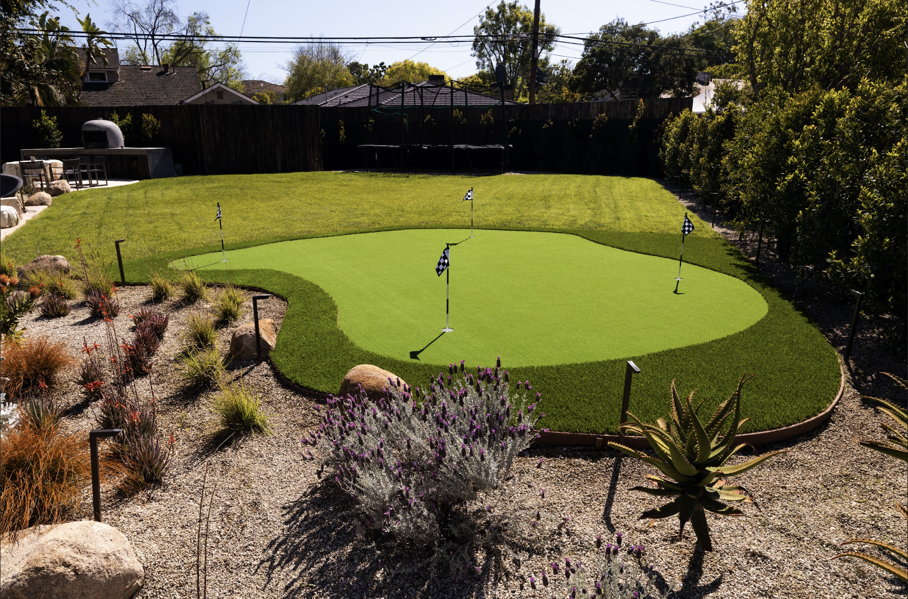 Putting green with desertscape mix in backyard