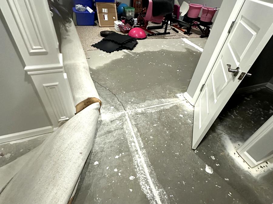 Saturated carpet pulled back exposing a wet basement subfloor after a water loss