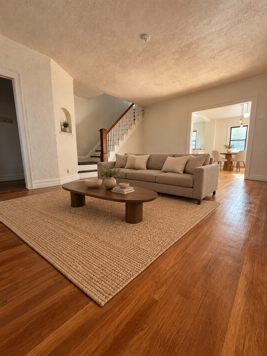 Living room with hardwood floors, brick fireplace and staircase