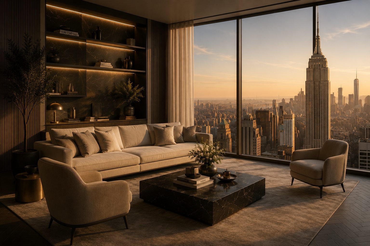 Sunlit living room overlooking the Manhattan skyline