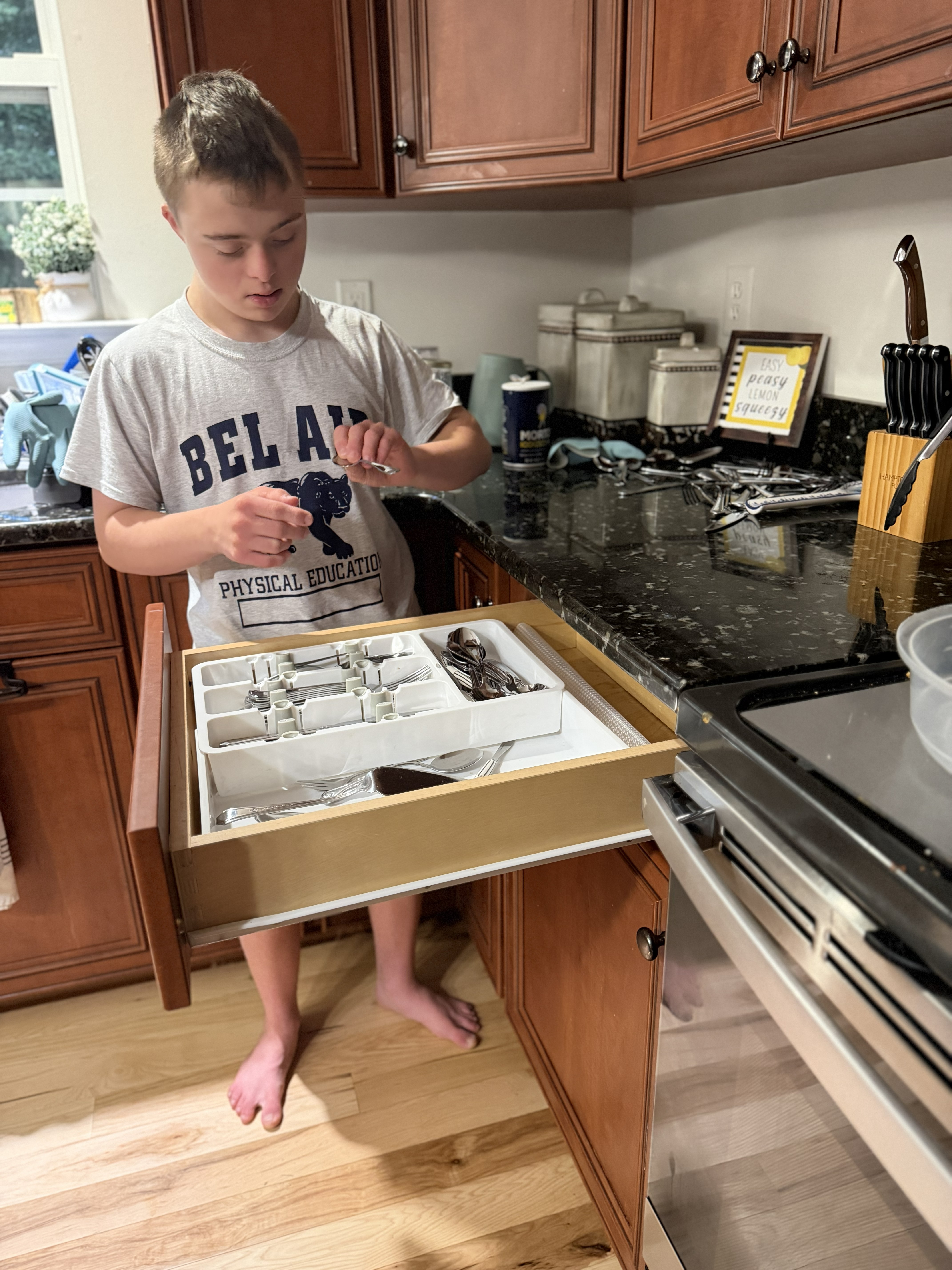 Boy emptying dishwasher Boy emptying dishwasher