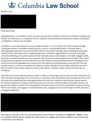 Judy's admission letter to Columbia Law School