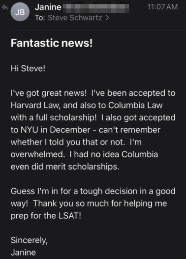Janine's email: accepted to Harvard Law, and Columbia Law with a full scholarship