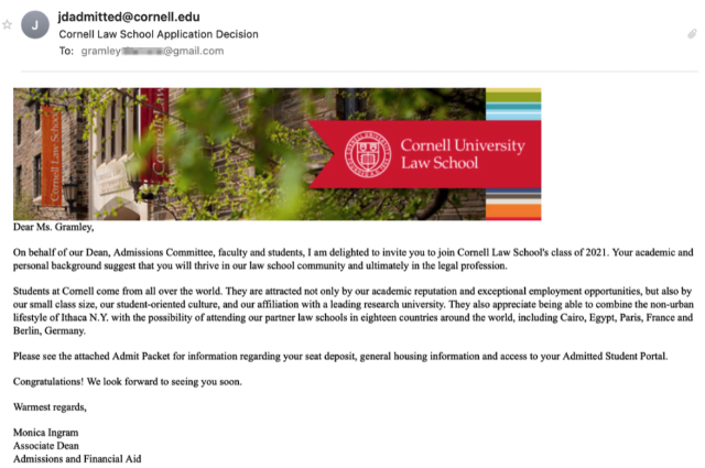 Cornell Law School acceptance email, class of 2021
