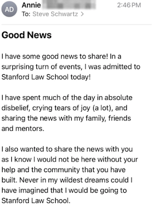 Annie's email: admitted to Stanford Law School