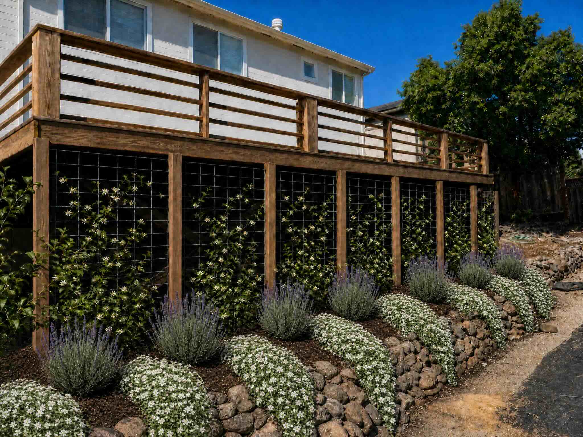 Landscape design rendering for a Sonoma property, showing a new patio, lawn and planting layout