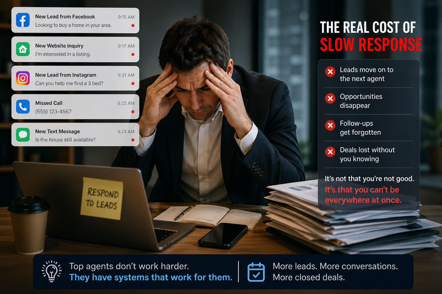 Overwhelmed real estate agent missing leads due to slow response and lack of automation system Overwhelmed real estate agent missing leads due to slow response and lack of automation system
