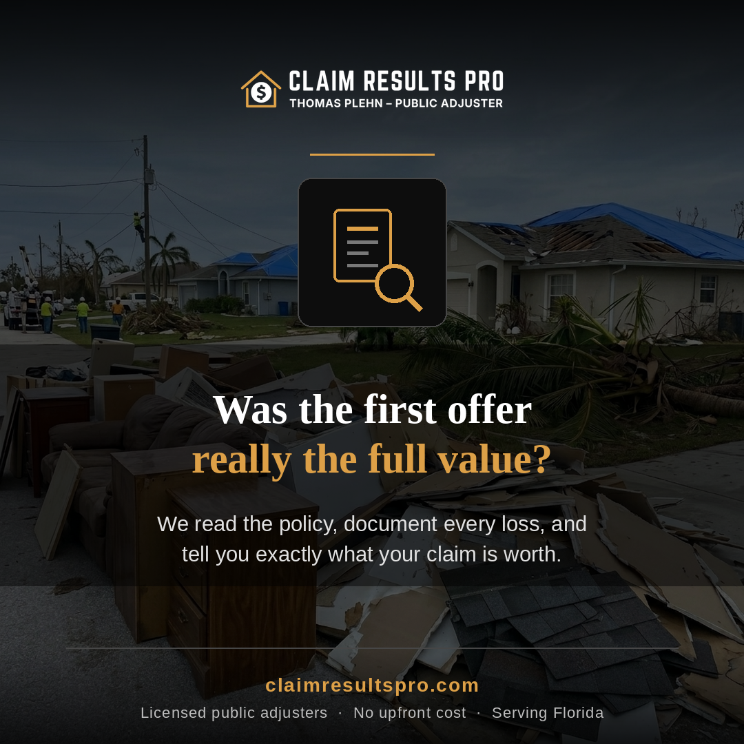 Claim Results Pro ad: Was the first offer really the full value? We read the policy, document every loss, and tell you exactly what your claim is worth. Set against a storm-damaged Florida neighborhood.