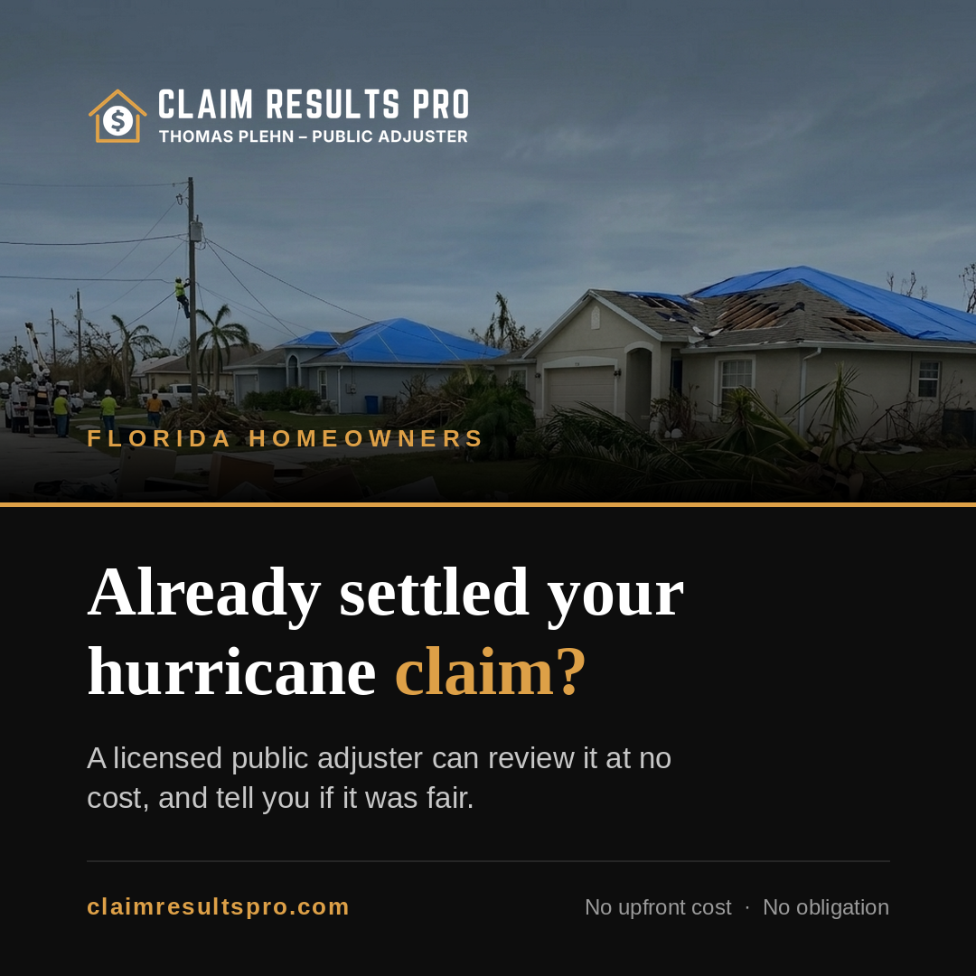 Claim Results Pro ad: Florida homeowners, already settled your hurricane claim? A licensed public adjuster can review it at no cost and tell you if it was fair. Set against a storm-damaged Florida neighborhood with tarped roofs.