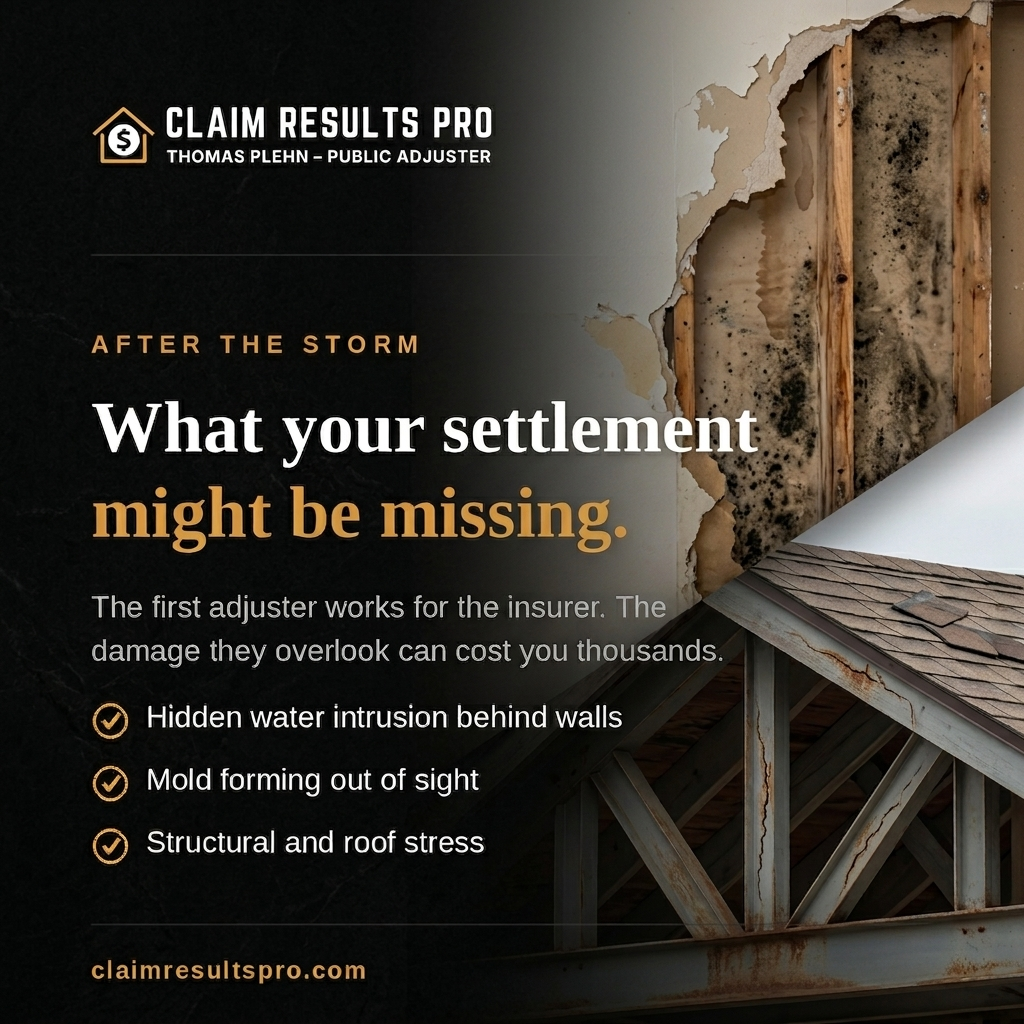 Claim Results Pro ad: After the storm, what your settlement might be missing. Hidden water intrusion, mold, and structural stress shown behind a damaged wall and roof.